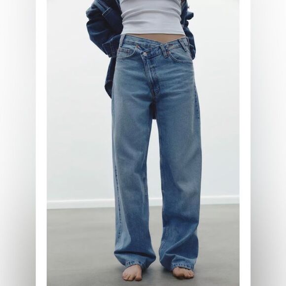 Zara The High Waist Crossover Waist Wide Leg Full Length Jeans 4 - Picture 6 of 16